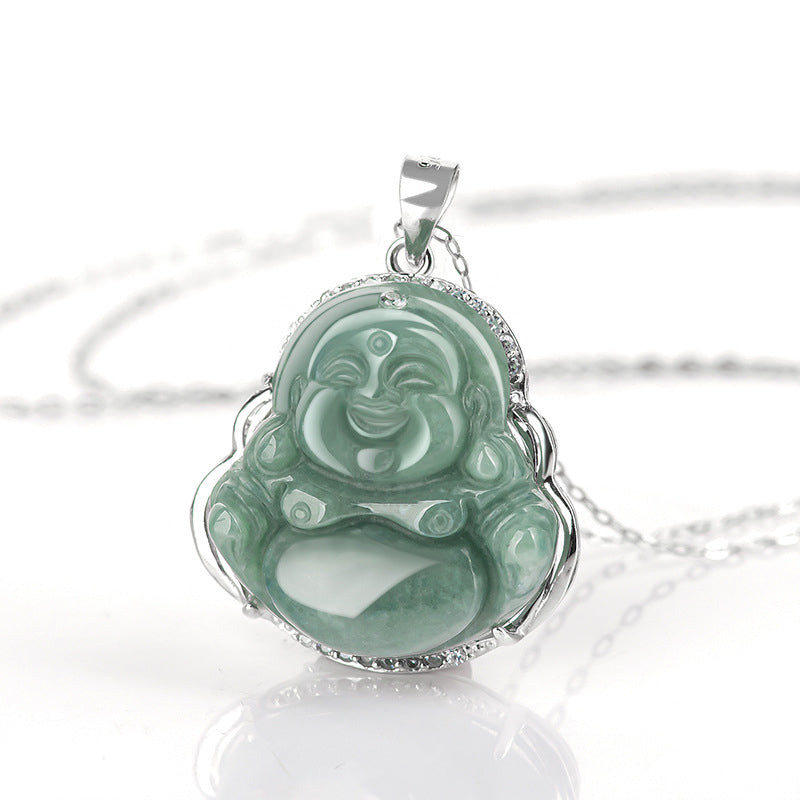 Collar con colgante de cadena de jade de Buda sonriente de plata de ley 925 con Buddha Stones - image 4