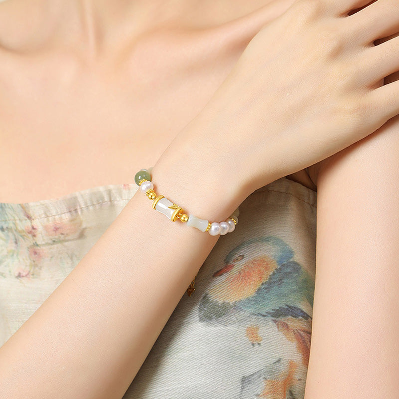 Pulsera de bendición de la suerte de bambú de jade blanco hetiano natural de plata de ley 925 con Buddha Stones
