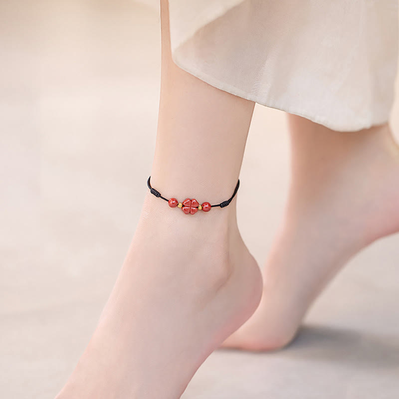Pulsera tobillera con Buddha Stones, trébol de cuatro hojas, cinabrio, bendición, calma