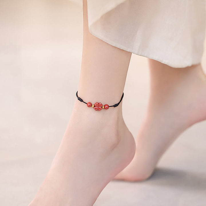 Pulsera tobillera con Buddha Stones, trébol de cuatro hojas, cinabrio, bendición, calma