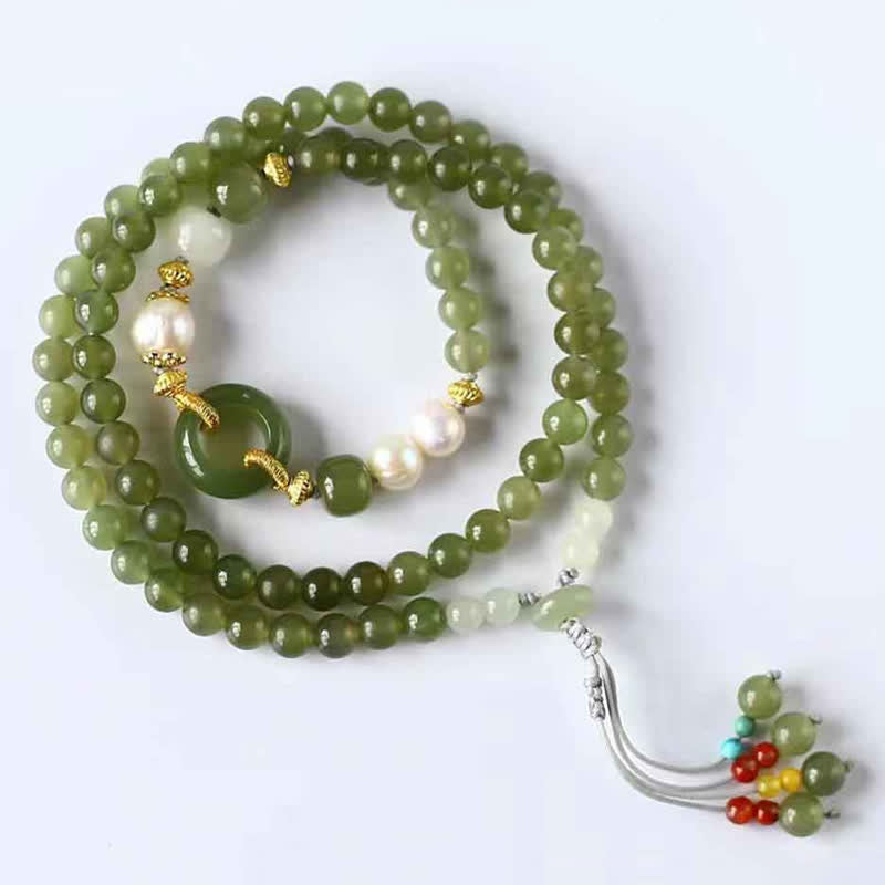 Hetian Jade Pearl Paz Hebilla Suerte Riqueza Pulsera de Hilo