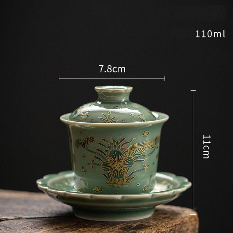 Buddha Stones de porcelana verde, mariposa, flor, salmón, pescado, cerámica, Gaiwan Sancai, taza de té de Kung Fu y platillo con tapa