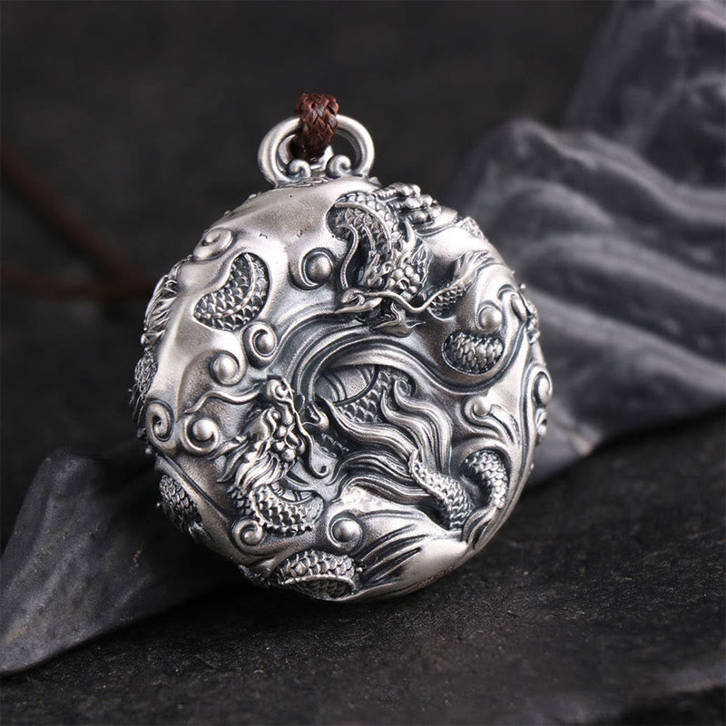 Collar con colgante de plata de ley 999 con Buddha Stones , nueve dragones jugando con una perla, protección de la suerte