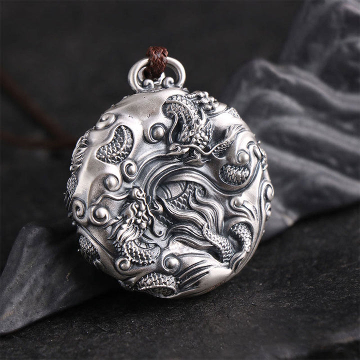 Collar con colgante de plata de ley 999 con Buddha Stones , nueve dragones jugando con una perla, protección de la suerte