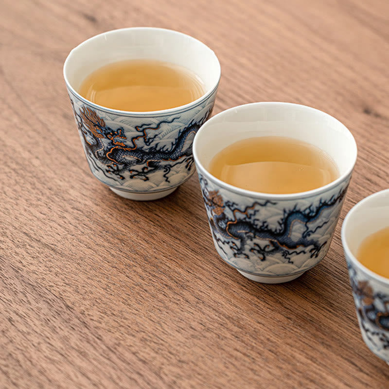 Tazas de té de cerámica con diseño de dragón blanco y azul pequeño de Buddha Stones, tazas de té de Kung Fu de 45ml