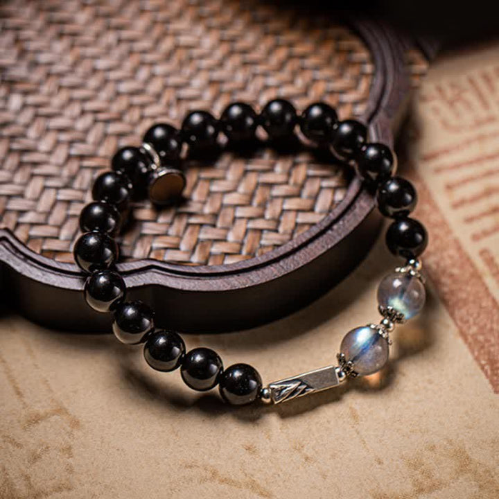 Pulsera de pareja de fuerza de piedra lunar de obsidiana de plata de ley 925