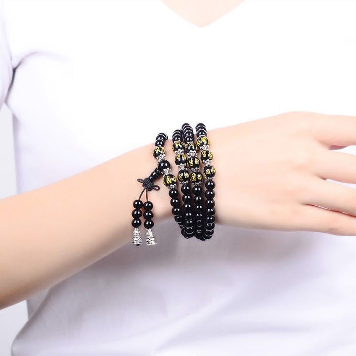 Pulsera Mala de protección con seis palabras verdaderas de obsidiana negra con Buddha Stones