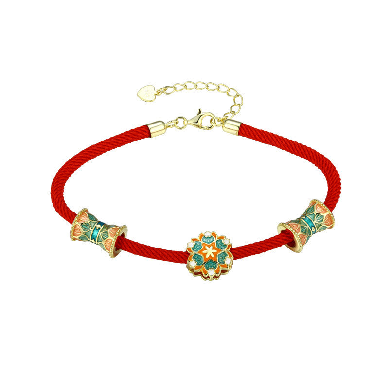 Pulsera de cuerda roja de nuevo comienzo con tambor de loto de Plata de Ley 925 de Buddha Stones Dunhuang