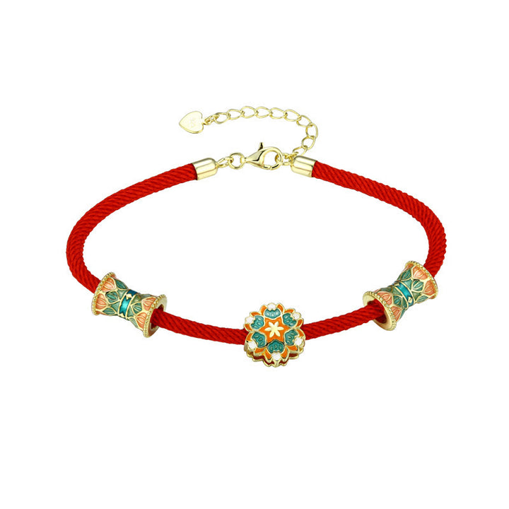 Pulsera de cuerda roja de nuevo comienzo con tambor de loto de Plata de Ley 925 de Buddha Stones Dunhuang