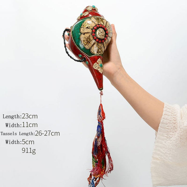 Tibetano hecho a mano Shankha Om Mani Padme Hum Buda Avalokitesvara turquesa Concha decoración positiva