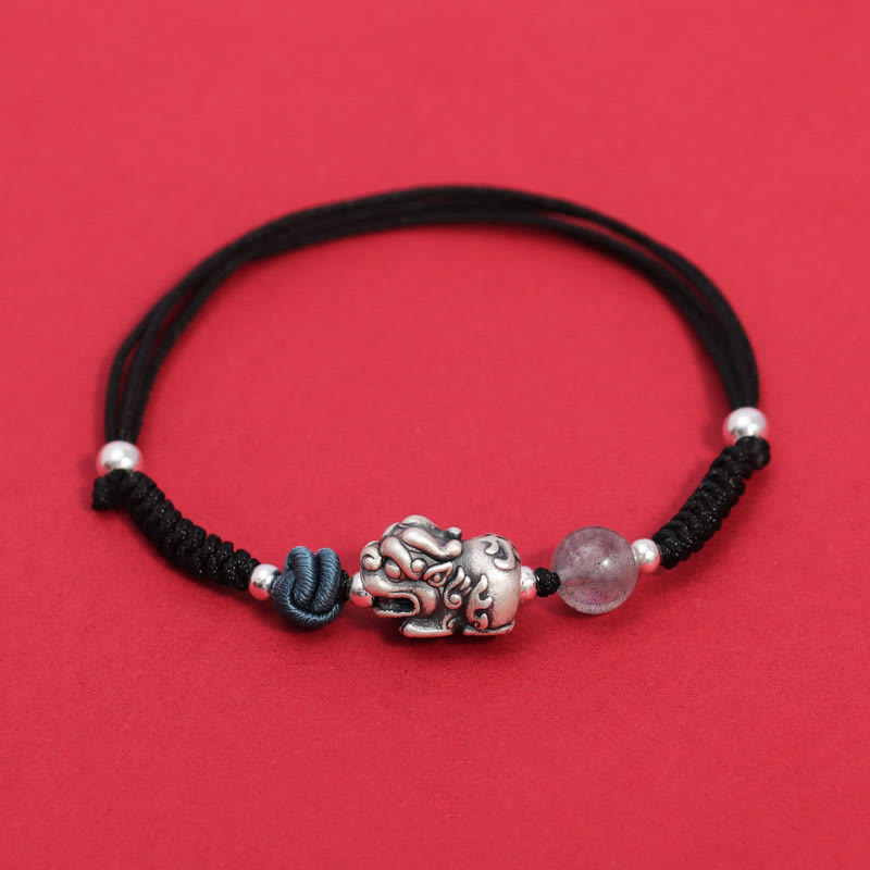 Pulsera trenzada de plata de ley 999 con Buddha Stones PiXiu, cuentas de cuarzo fresa, riqueza y suerte