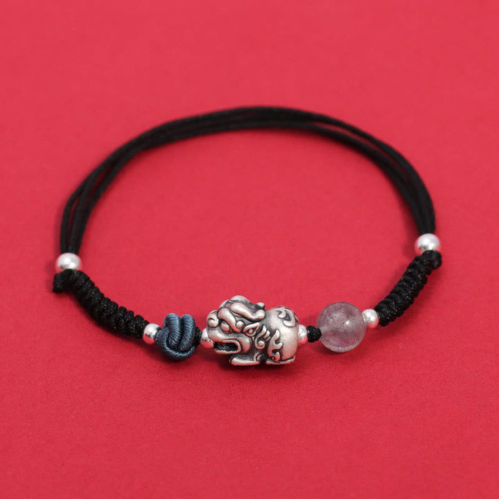 Pulsera trenzada de plata de ley 999 con Buddha Stones PiXiu, cuentas de cuarzo fresa, riqueza y suerte