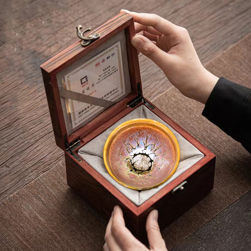 Taza de té de cerámica Jianzhan chino con diseño de manchas doradas y piedras de Buddha Stones , tazón de taza de té de Kung Fu con caja de regalo