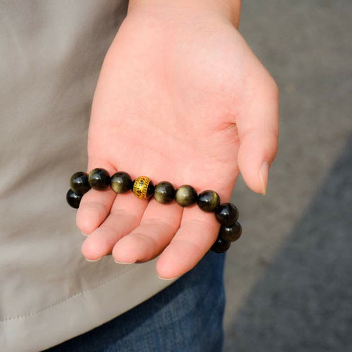 Pulsera de protección de la riqueza de obsidiana con brillo dorado del Buda Natal del zodíaco chino