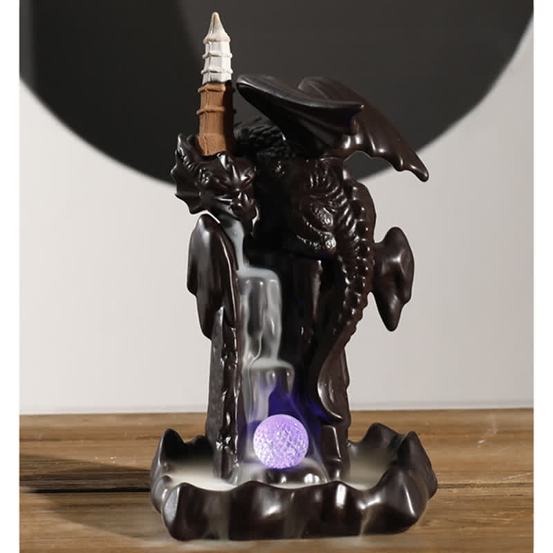 Quemador de incienso curativo para meditación, fuente de humo de reflujo de cerámica de dragón nórdico, decoración de bola Led