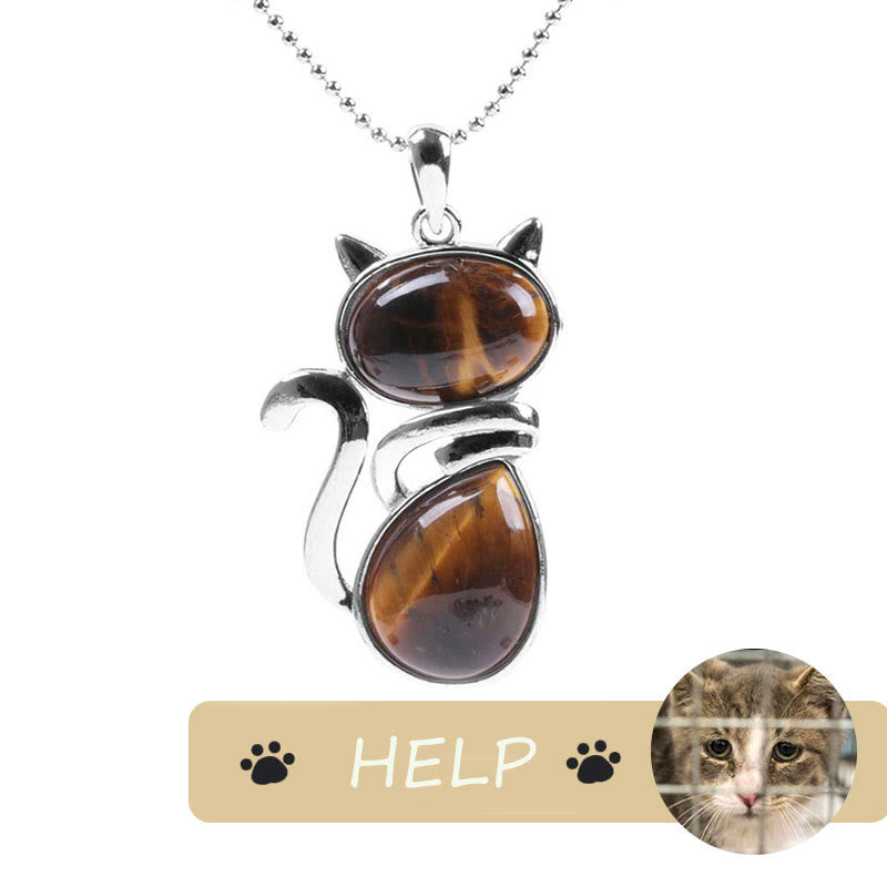 &quot;Save A Cat&quot; Lindo patrón de gato Protección de cristal natural Collar con colgante amante de los gatos