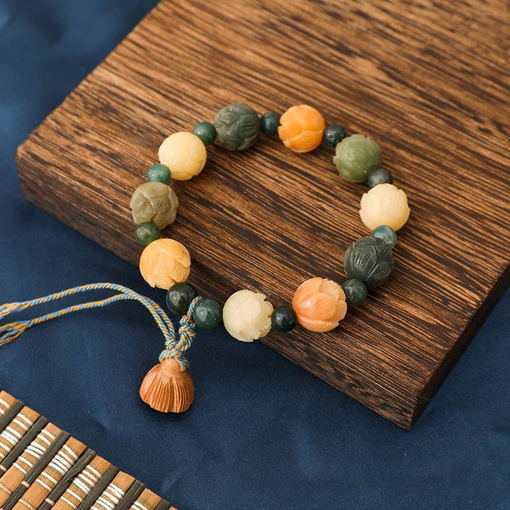 Pulsera de paz y calma con Buddha Stones , semilla de Bodhi, cuentas de loto grabadas, ágata de musgo