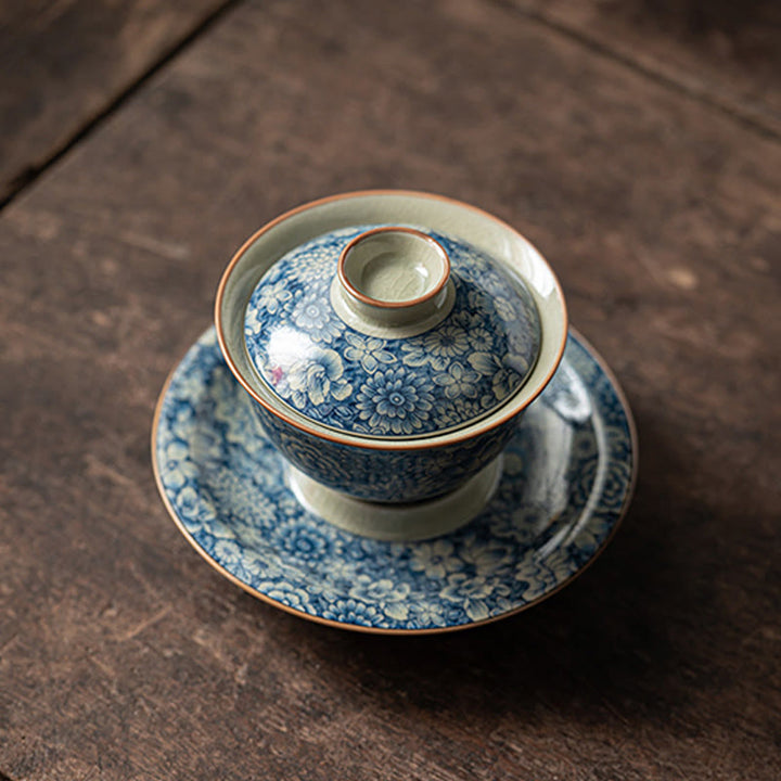 Buddha Stones azul y blanca vintage Flor de durazno Loto Peonía Cerámica Gaiwan Sancai Taza de té Kung Fu Taza de té y platillo con tapa - image 4