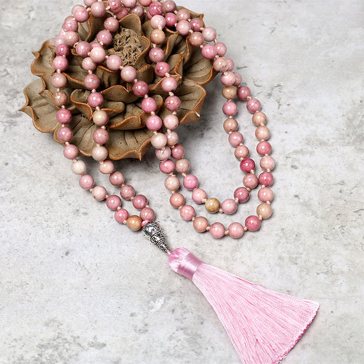 Buddha Stones 108 Mala cuentas de rodonita Yoga meditación cuentas de oración pulsera