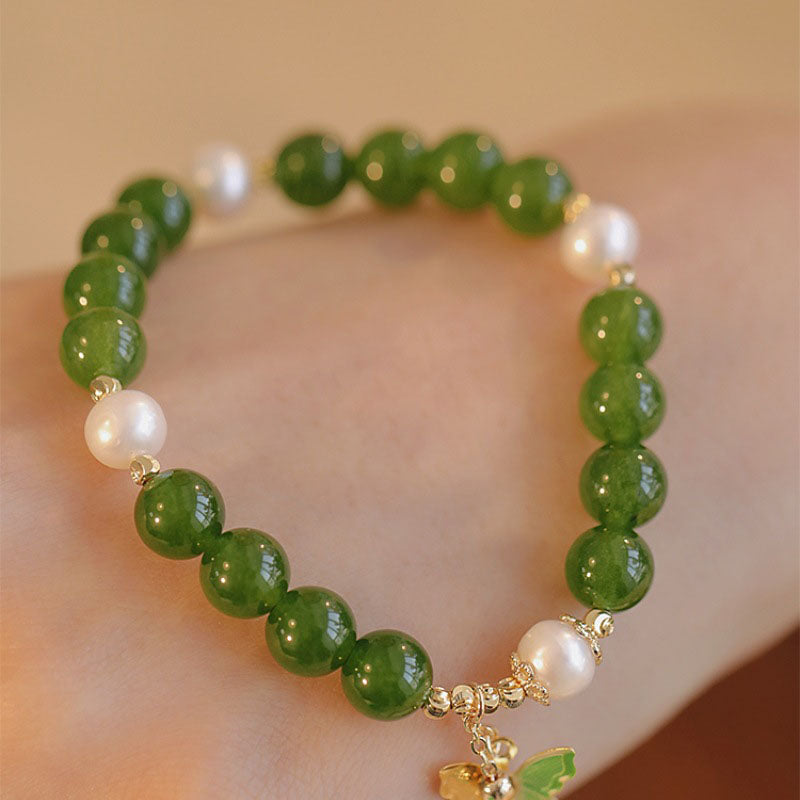 Pulsera de fuerza de coraje de mariposa con perlas de calcedonia verde natural de Buddha Stones