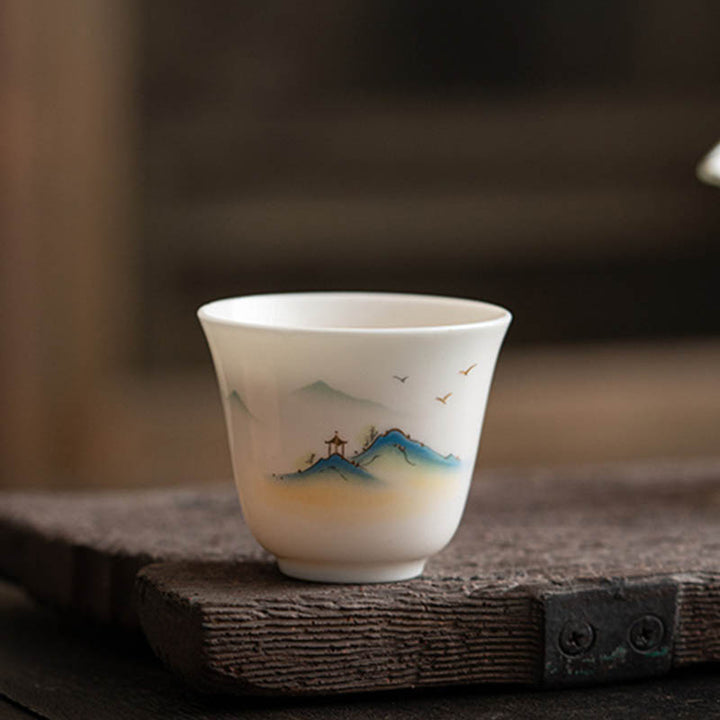 Taza de té de cerámica con Buddha Stones, flor de loto, hoja, montaña, pabellón, alce, peonía, taza de té de Kung Fu
