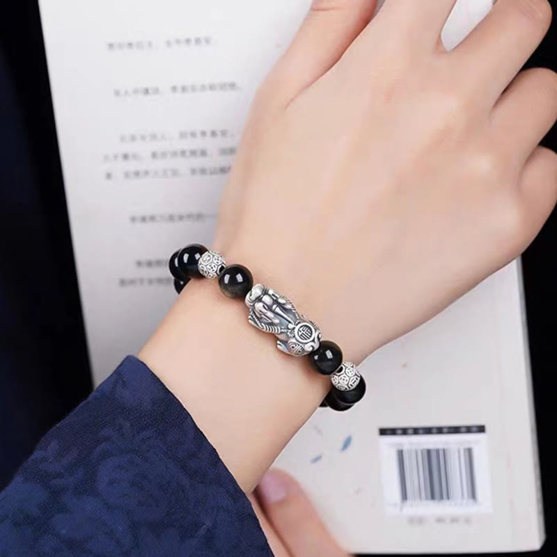 Pulsera de protección de la riqueza PiXiu de obsidiana brillante de oro natural de plata de ley 925 con Buddha Stones - image 2