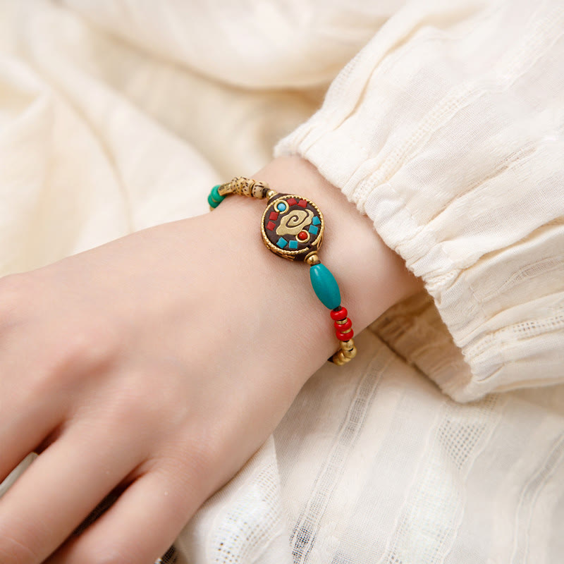 Pulsera de fuerza de protección Om Mani Padme Hum de turquesa tibetana con Buddha Stones