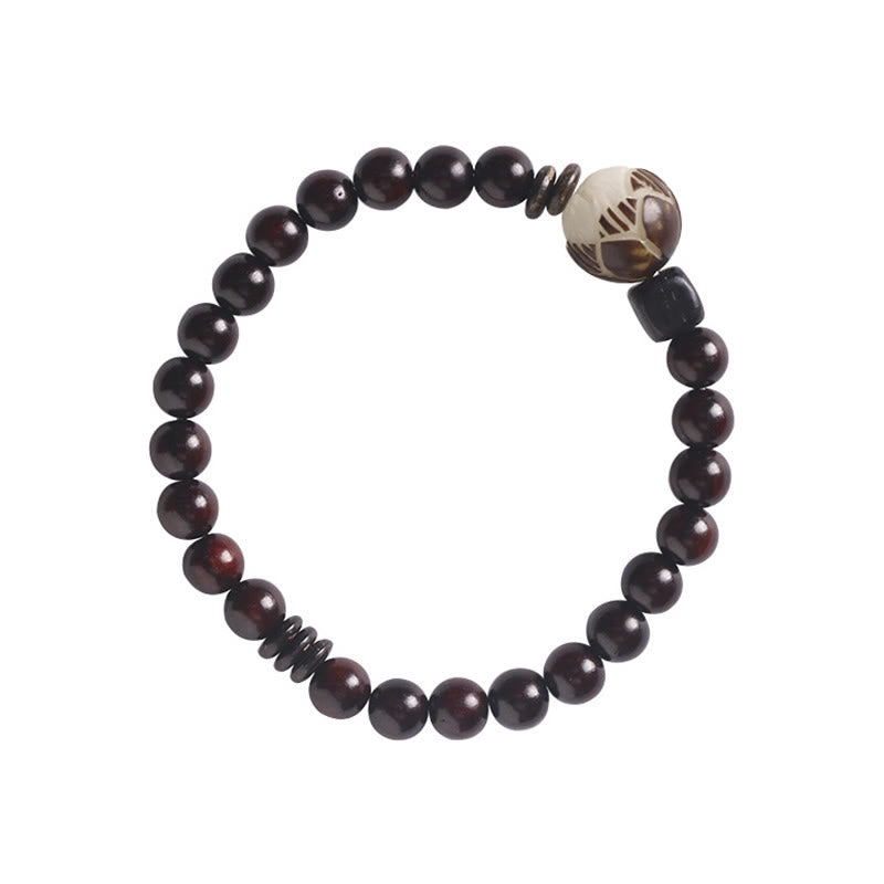 Pulsera de doble envoltura de protección tallada con semillas de loto y sándalo rojo de hoja pequeña de Buddha Stones