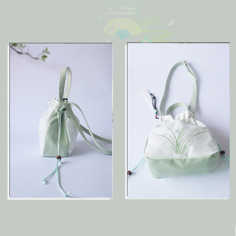 Bolso de hombro de lona con flores bordadas hechas a mano con Buddha Stones