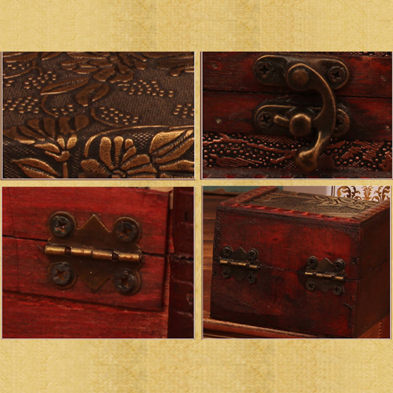 Caja de joyería de madera cuadrada pequeña Retro con Buddha Stones , flor de loto, uva, cobre, moneda, narciso, caja de almacenamiento de joyería