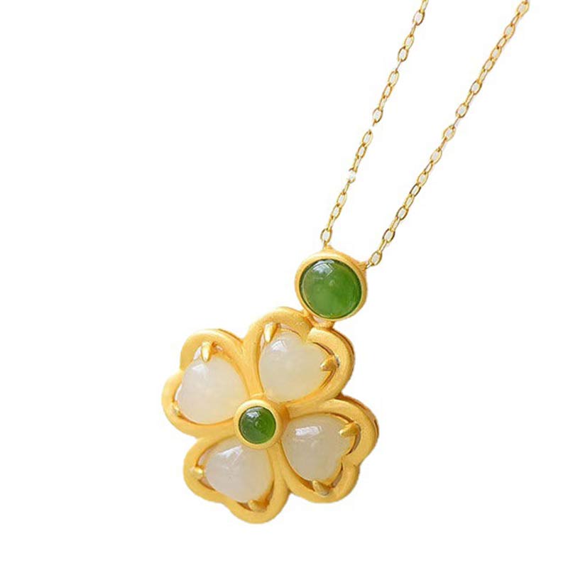 Buddha Stones de plata de ley 925, colgante de cadena con trébol de cuatro hojas de la suerte, Jade, prosperidad