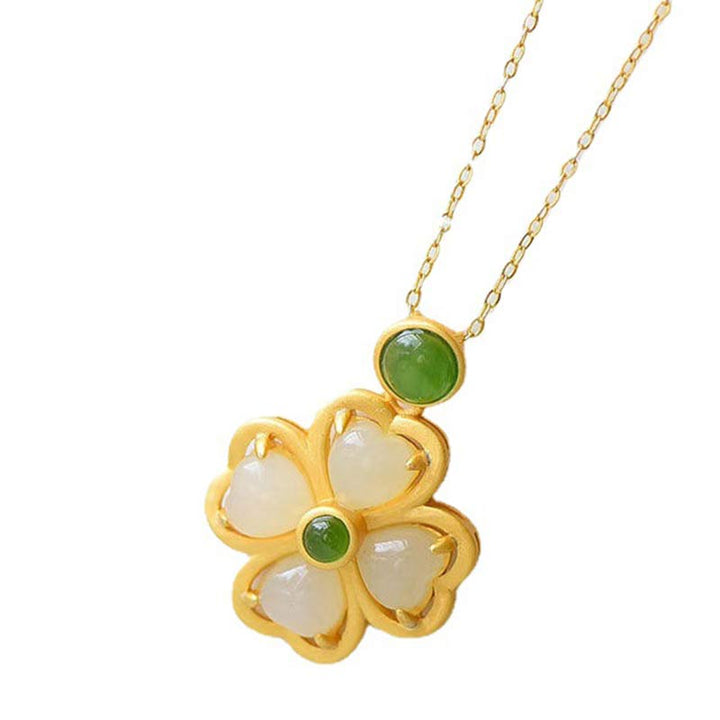 Buddha Stones de plata de ley 925, colgante de cadena con trébol de cuatro hojas de la suerte, Jade, prosperidad