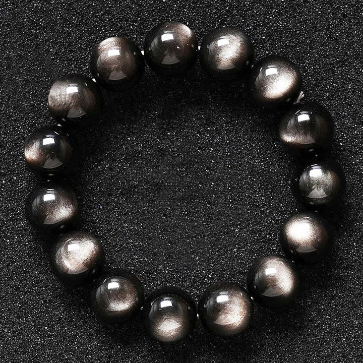 Pulsera de protección calmante de obsidiana brillante de plata natural con Buddha Stones