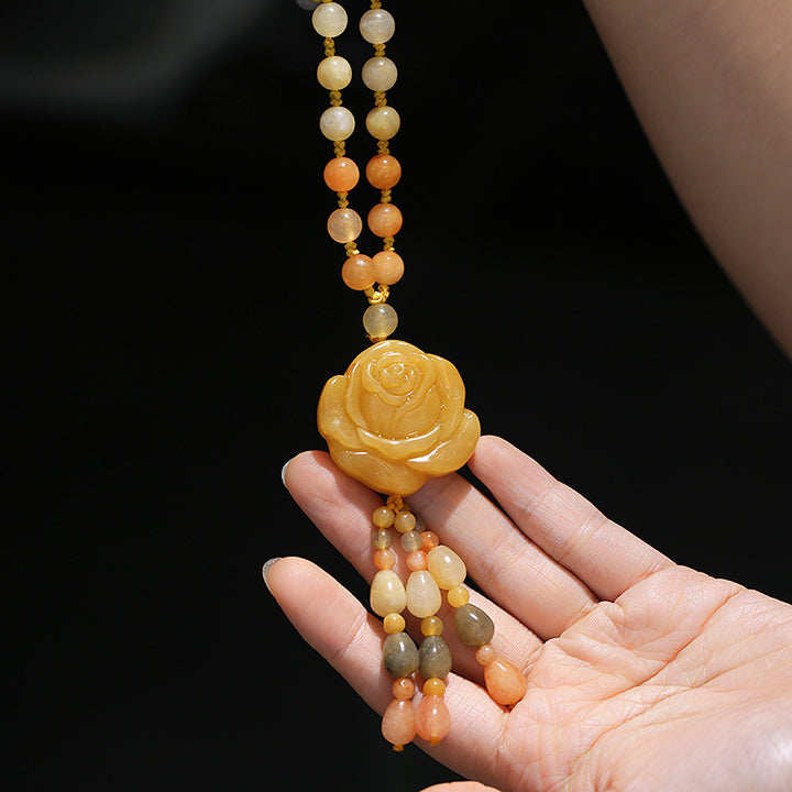Collar con colgante de riqueza de jade de seda dorada tibetana con Buddha Stones