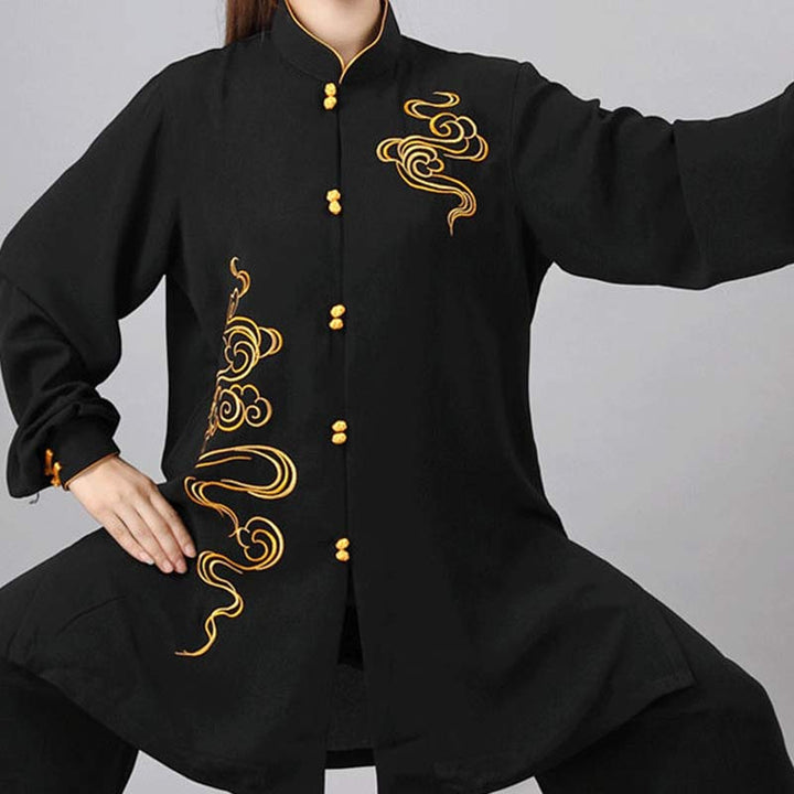Conjunto de ropa unisex para práctica de meditación, tai chi, qigong, bordada, con nubes auspiciosas y Buddha Stones