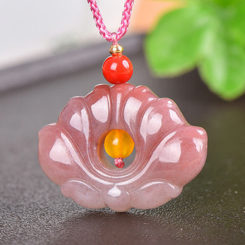 Colgante de collar de riqueza de flor de loto de jade de seda dorada rosa - image 1