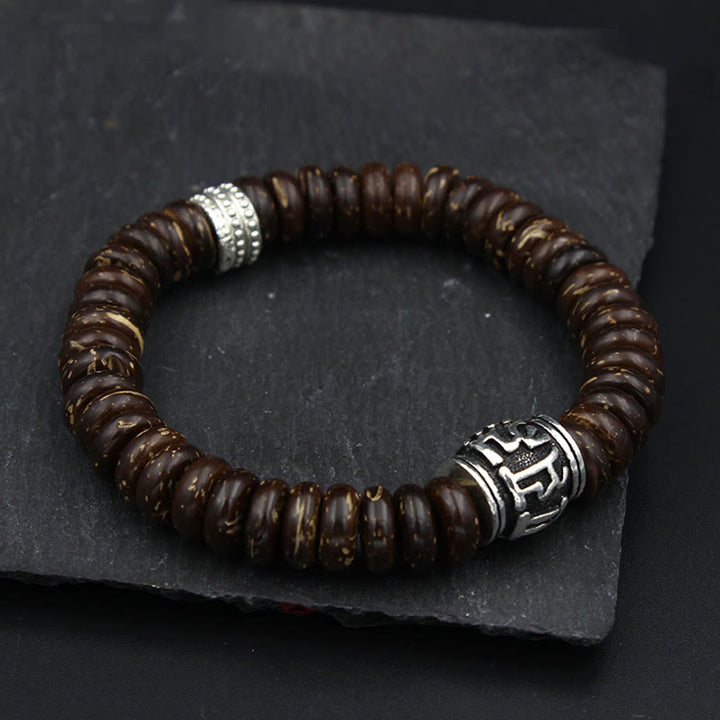 Pulsera positiva Om Mani Padme Hum de concha de coco tibetano natural con Buddha Stones
