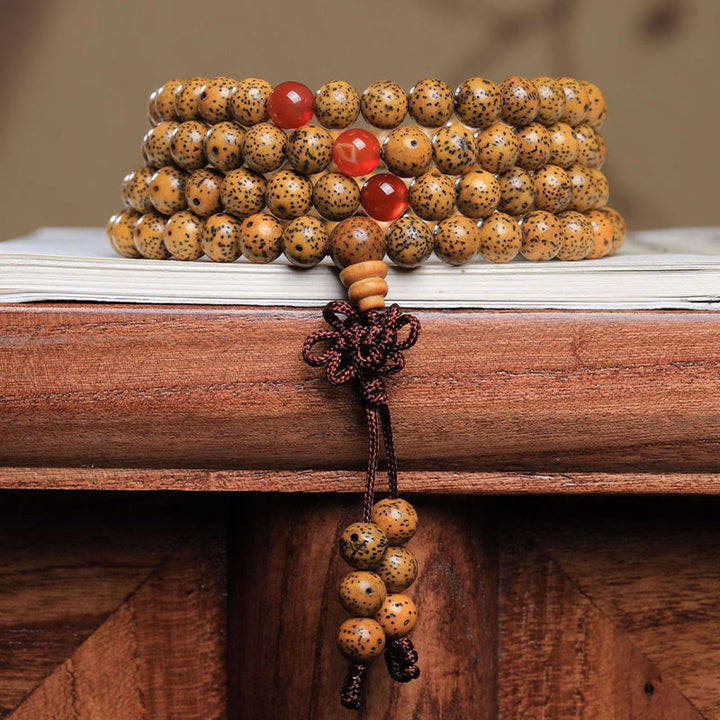 Buddha Stones 108 cuentas Mala, semilla Bodhi, ágata roja, pulsera auspiciosa