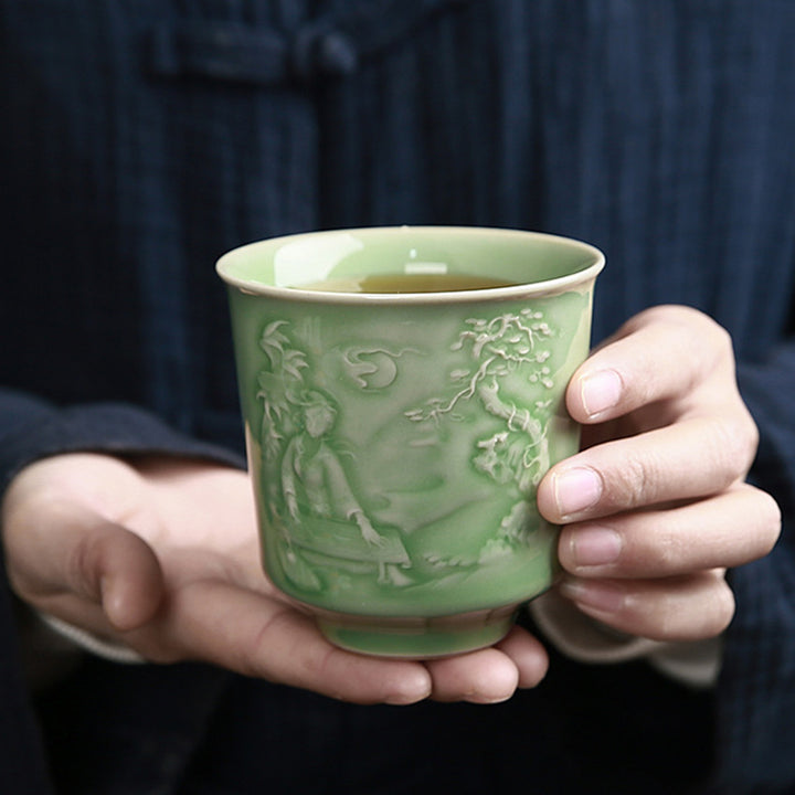Taza de té de cerámica de pino, piedras de Buddha Stones , árboles, pabellón, montañas, ríos, Kung Fu