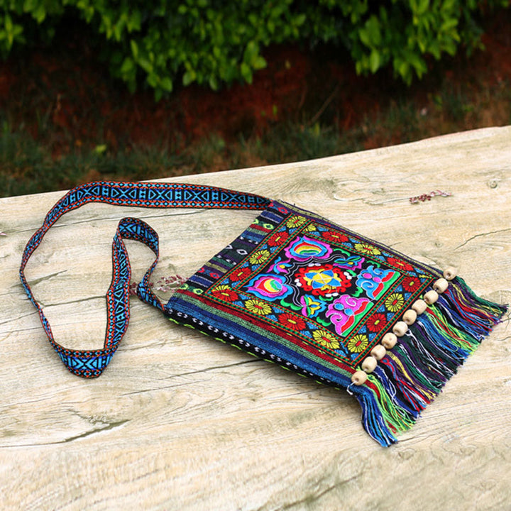 Bolso bandolera de lona de camelia bordado hecho a mano tibetano