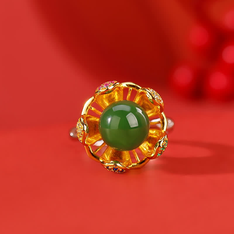 Anillo de éxito de flor de loto de jade cian blanco de plata de ley 925