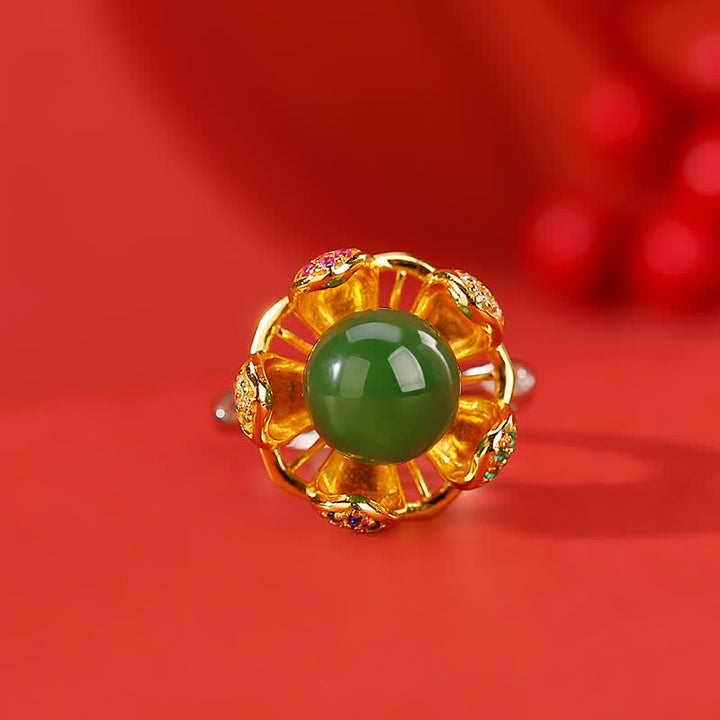 Anillo de éxito de flor de loto de jade cian blanco de plata de ley 925