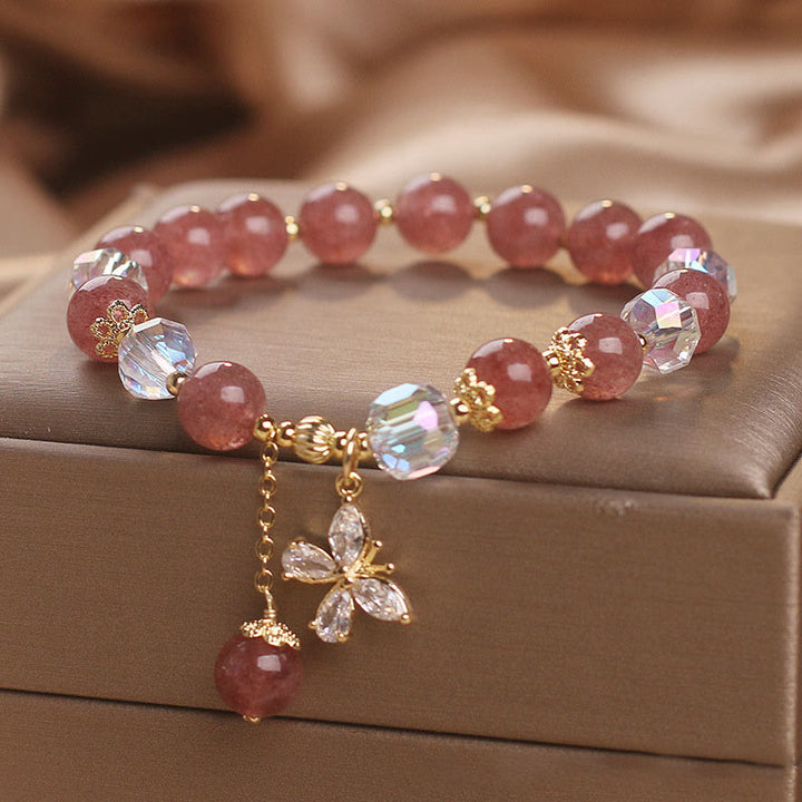 Pulsera con dije de mariposa curativa de amor de cuarzo fresa natural con Buddha Stones