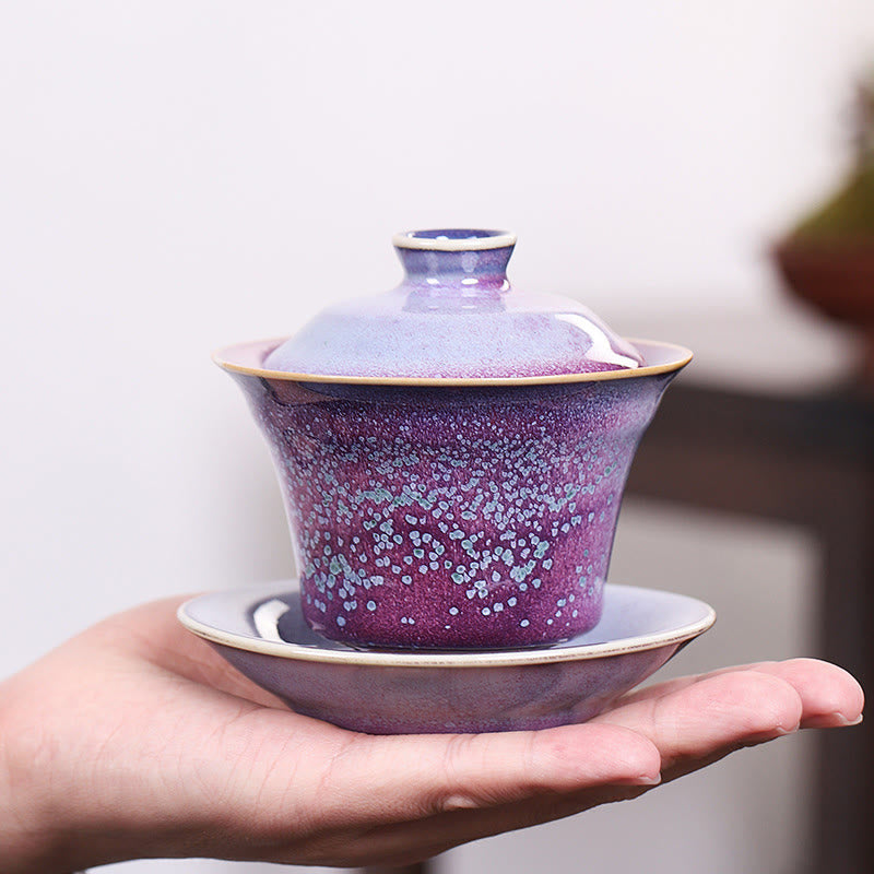 Taza de té y platillo con tapa, cerámica Gaiwan Sancai, cambio de horno de esmalte Retro, Buddha Stones , Kung Fu - image 3