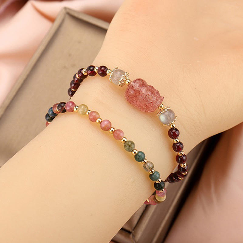 Pulsera de protección de piedra lunar PiXiu de cuarzo fresa granate turmalina natural de Buddha Stones