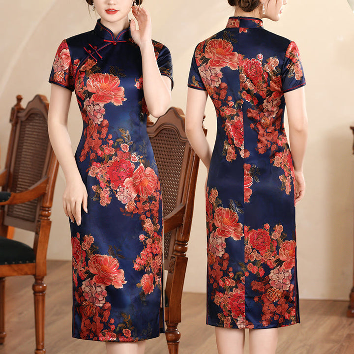 Vestido Cheongsam para mujer con estampado de plumas de peonía y flor de loto Retro con Buddha Stones - Peonía azul marino - US16, UK/AU20, EU48 (5XL) - image 17
