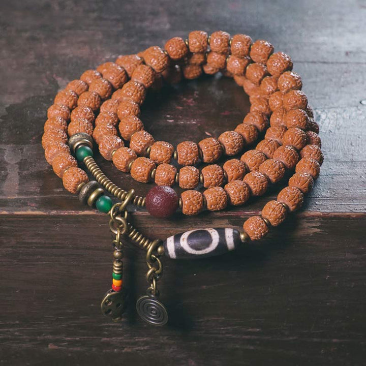 108 cuentas de Mala Rudraksha, semilla Bodhi, cuentas Dzi, pulsera de borlas de suerte auspiciosa