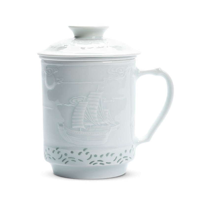 Buddha Stones Jingdezhen Linglong porcelana auspiciosa dragón Fénix barco navegación suave taza de té de cerámica tazas de té de oficina 420ml