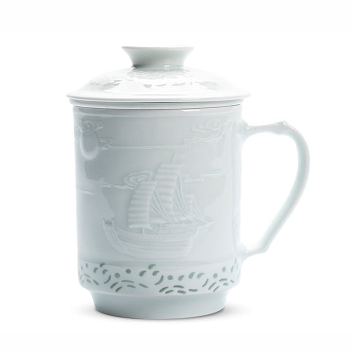 Buddha Stones Jingdezhen Linglong porcelana auspiciosa dragón Fénix barco navegación suave taza de té de cerámica tazas de té de oficina 420ml