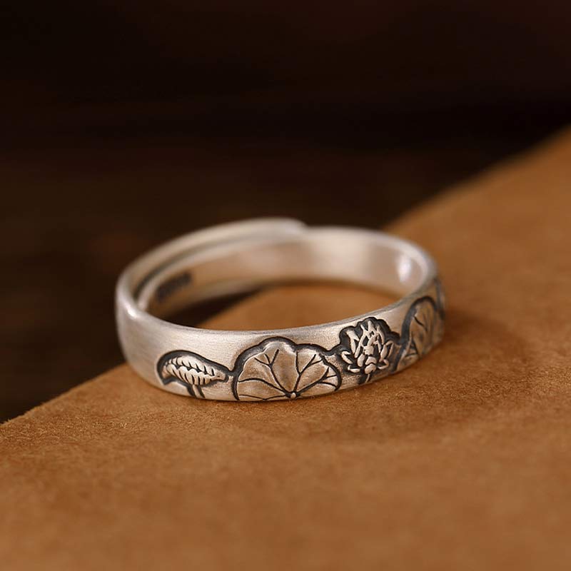 Anillo de iluminación de flor de peonía de loto de plata de ley 999